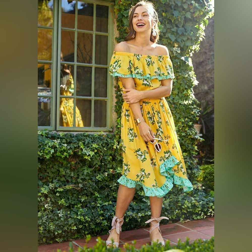 Matilda Jane Hooked On A Feeling Floral Midi Dress Med, EUC Off Shoulder, Yellow